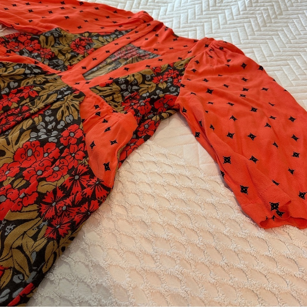 Free People Tallula Poppy Orange Deep-V Mixed Floral Boho Dress Size S - Picture 14 of 16